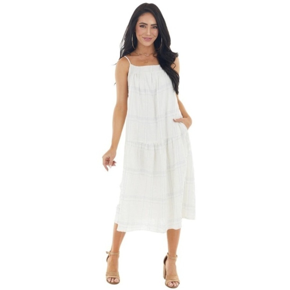 Lush Ivory Plaid Sleeveless Midi Dress Cotton Blend Pockets